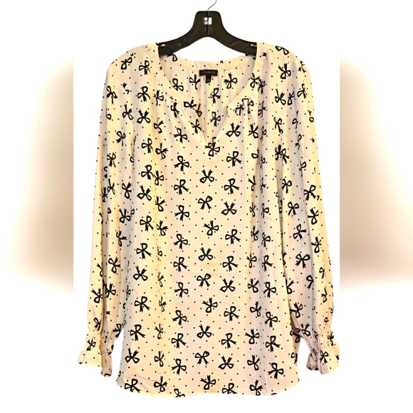 Talbots Smocked-Sleeve Bow Top Women's Size XL Casual Cottage Core Black/Cream - Picture 2 of 14